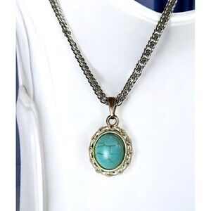 Oval Turquoise Pendant Silver Alloy Chain Strand Fashion Necklace 18"